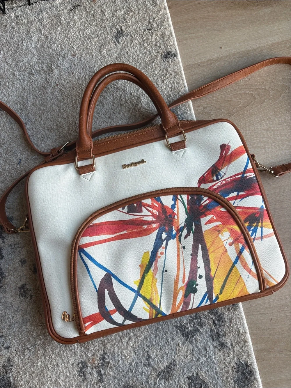 Desigual White Laptop Bag with Multicolor Brushstroke Design and Brown Trim
